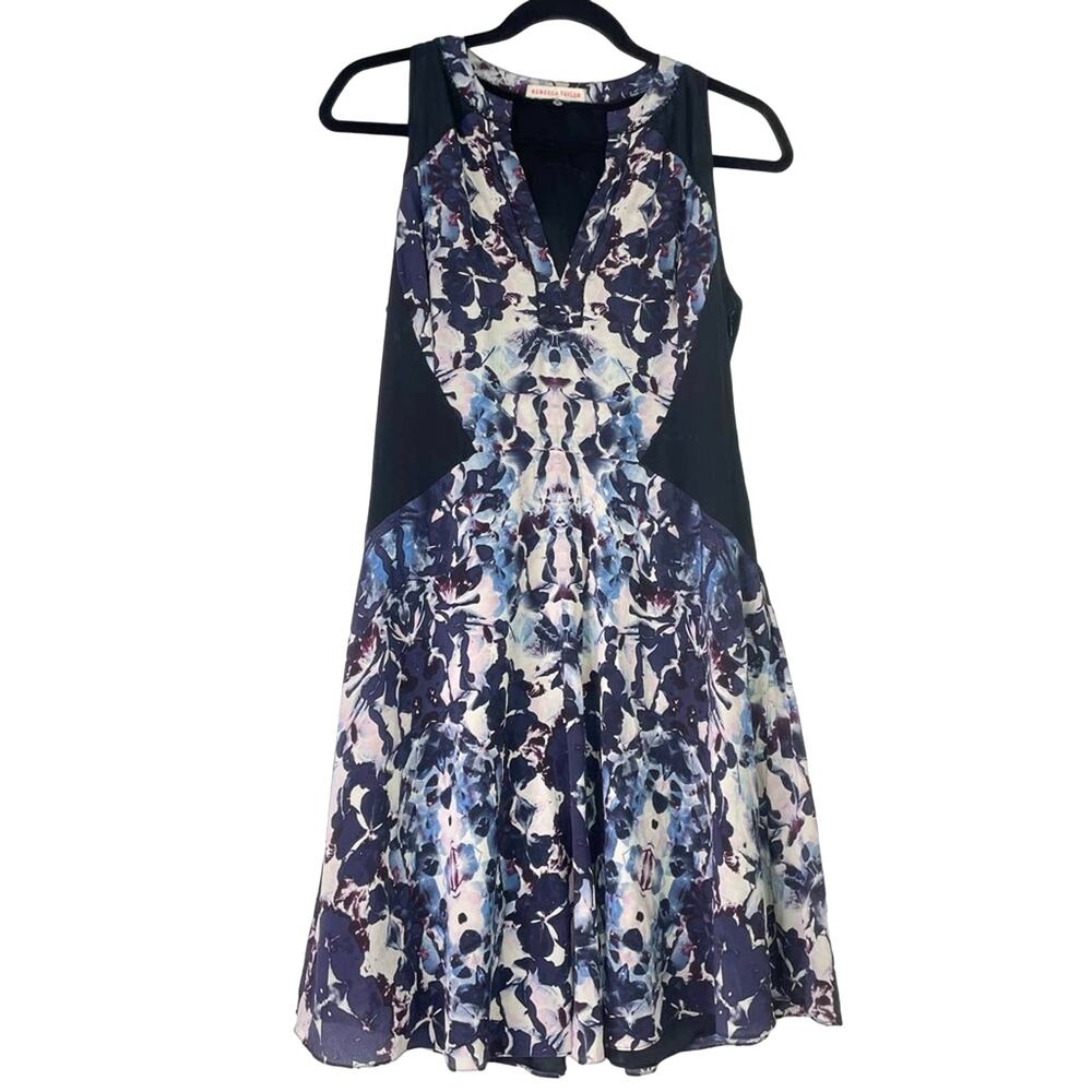 Rebecca Taylor 100% Silk Dress Abstract Print Blue Black Maroon 8 - Picture 2 of 10